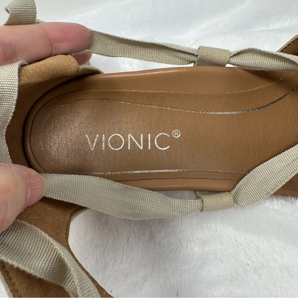 Vionic Kaitlyn Women's‎ Wedge Orthotic Sandal Oat Beige Canvas Size 8 Tie Strap